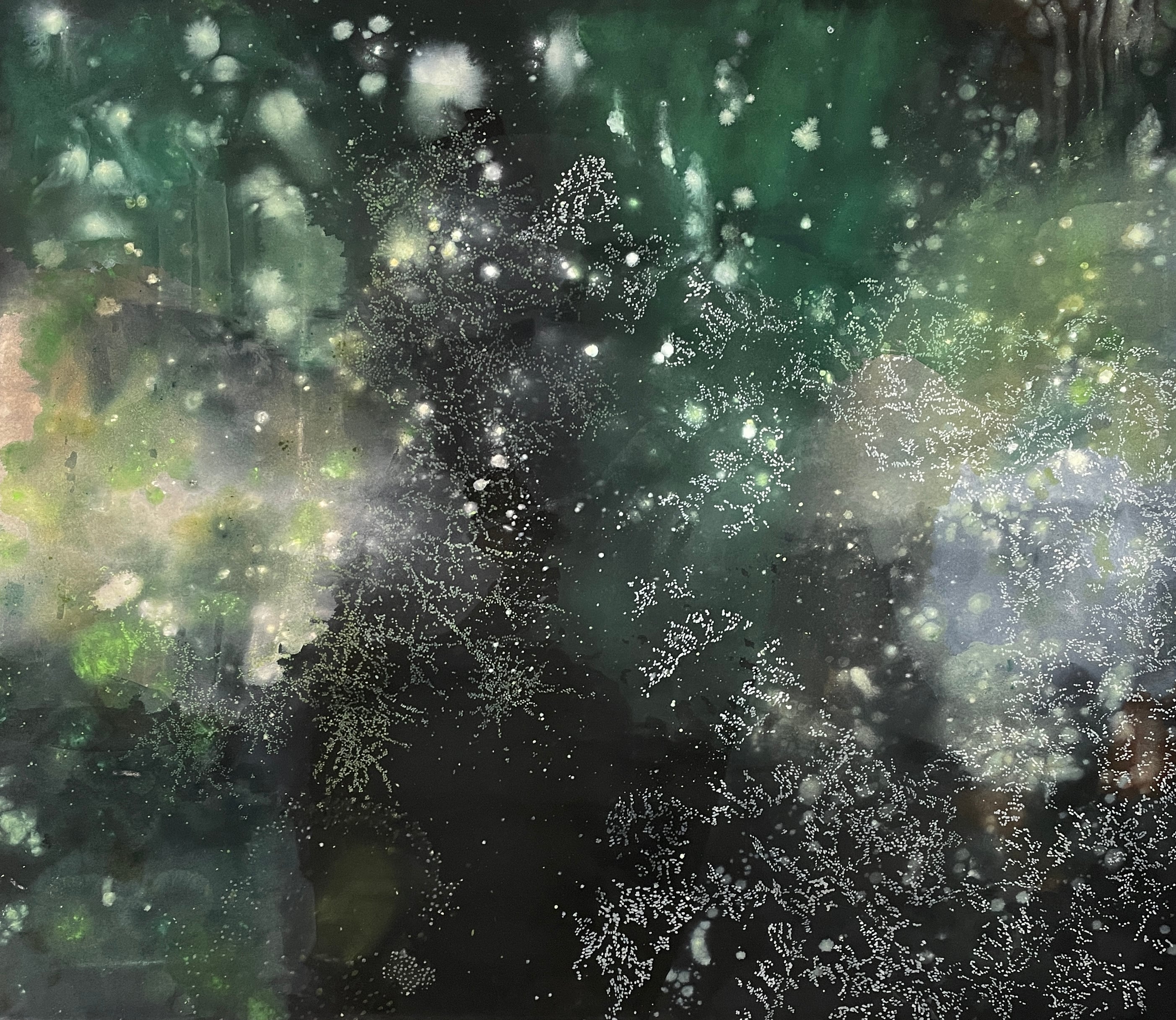 Mosgrønne sarte øjeblikke
130 x 150 cm.
Akryl på armydug