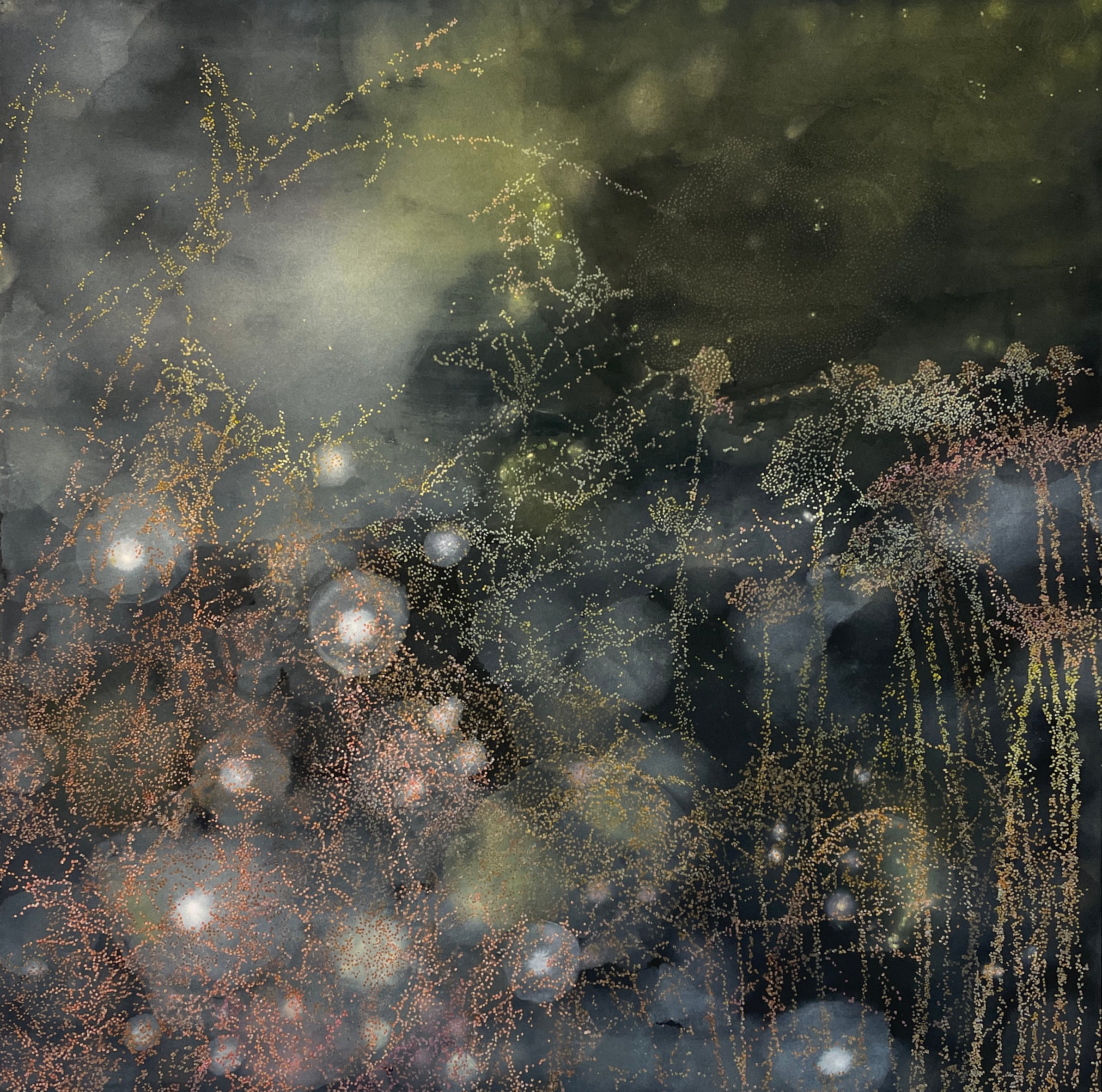 Tusinde farver forvandler natten
130 x 130 cm.
Akryl på armydug